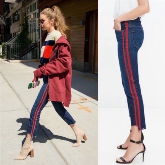 Mother Denim Insider Crop Step Fray Speed Racer Stripes Red 25 Jeans - Picture 3 of 14